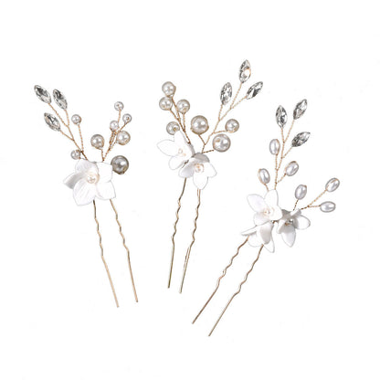 Bridal Wedding Hair Accessories Set of 3 White Floral U-Shaped Hair Pins