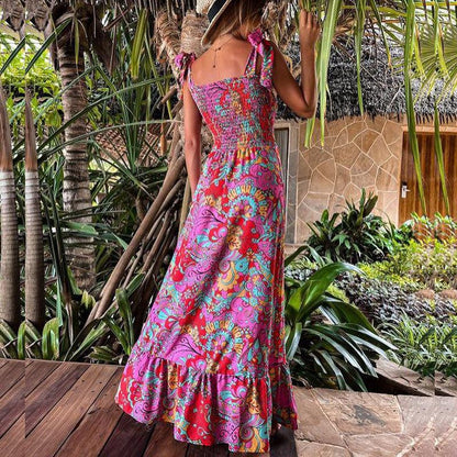 Sexy Printed Suspender Party Diagonal Collar Bow Split Sleeveless Ruffle Dress