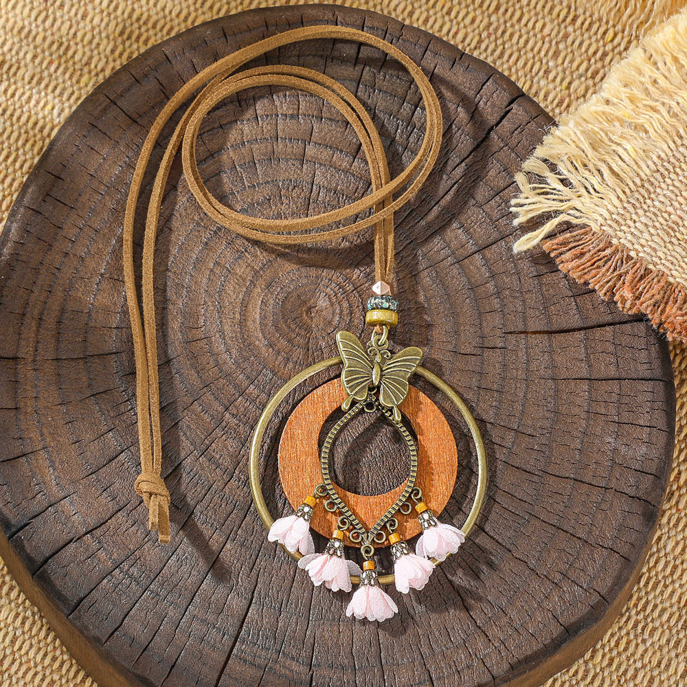 Trendy Ethnic-Inspired Butterfly Flower Necklace With Tassels