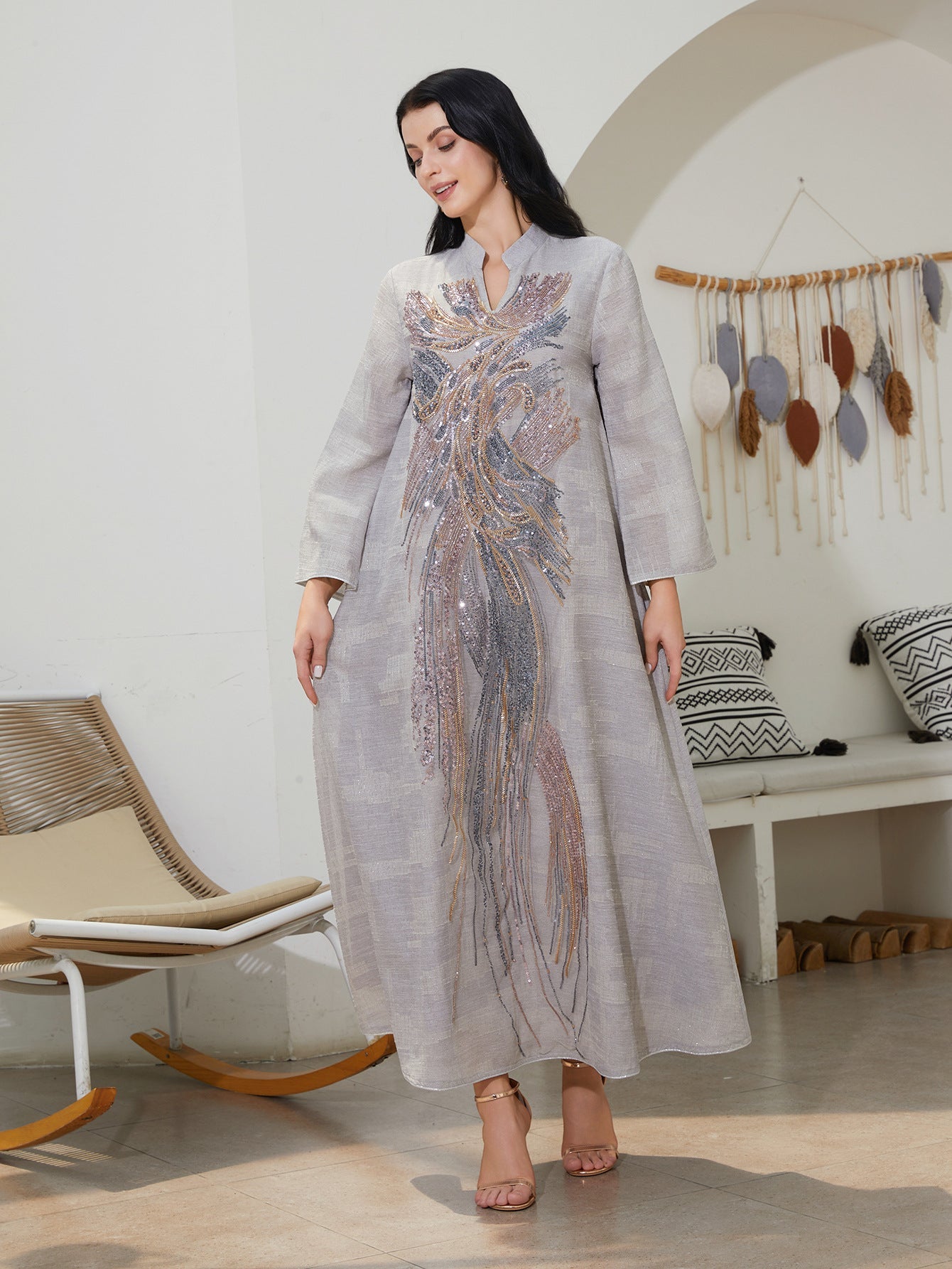 Elegant Mesh Sequin Abaya Maxi Dress for Women