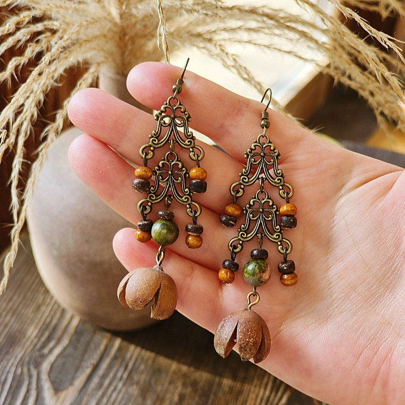 Vintage-Inspired Bohemian Hollow Bead Earrings with Natural Dried Fruits