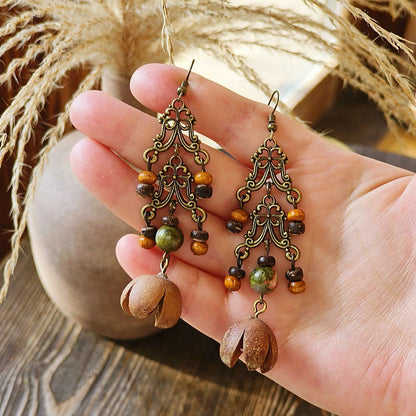 Vintage-Inspired Bohemian Hollow Bead Earrings with Natural Dried Fruits