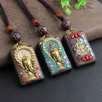 Vintage Ebony Nepal Pendant Fortune Transfer Necklace Long Versatile Ethnic Style Peace Card Pendant Necklace