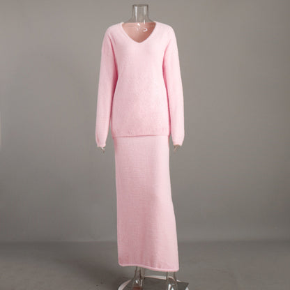 Cozy Knit V-Neck Sweater And Maxi Skirt Set