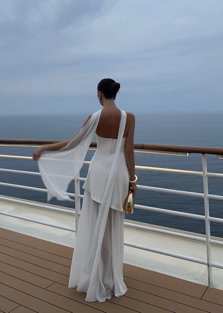 Strapless Chiffon Panel Gown with Asymmetrical Drape