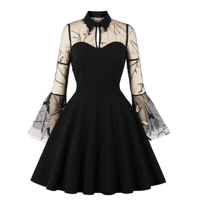 Vintage Elegant Flared Dress With Embroidery
