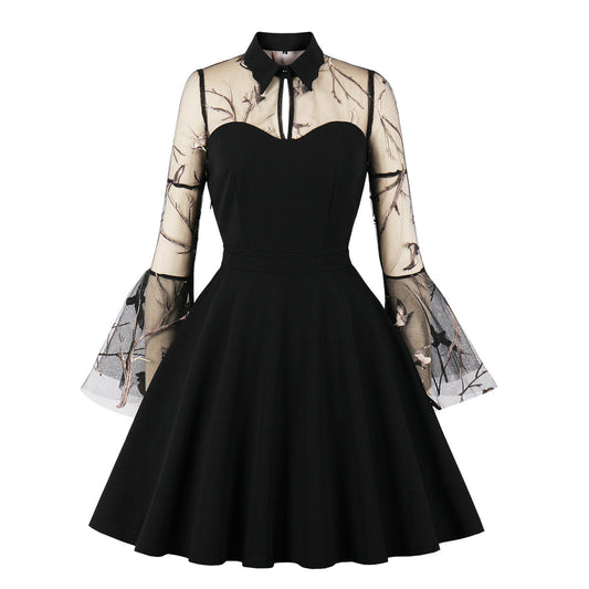 Vintage Elegant Flared Dress With Embroidery