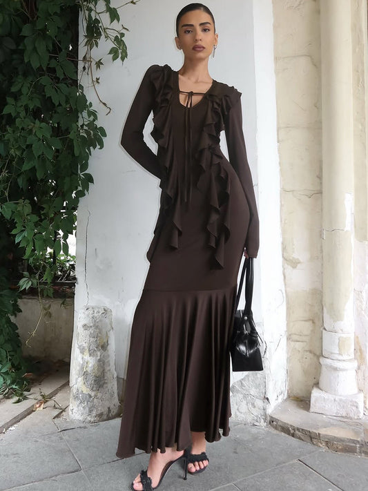 Fashion Ruffled Tie Waist Long Sleeve Dress in Coffee