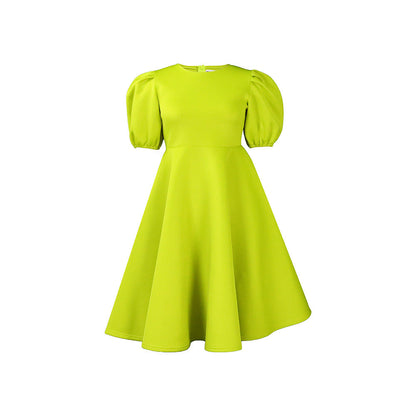 Elegant A-Line Dress With Puff Sleeves And Waist Tie