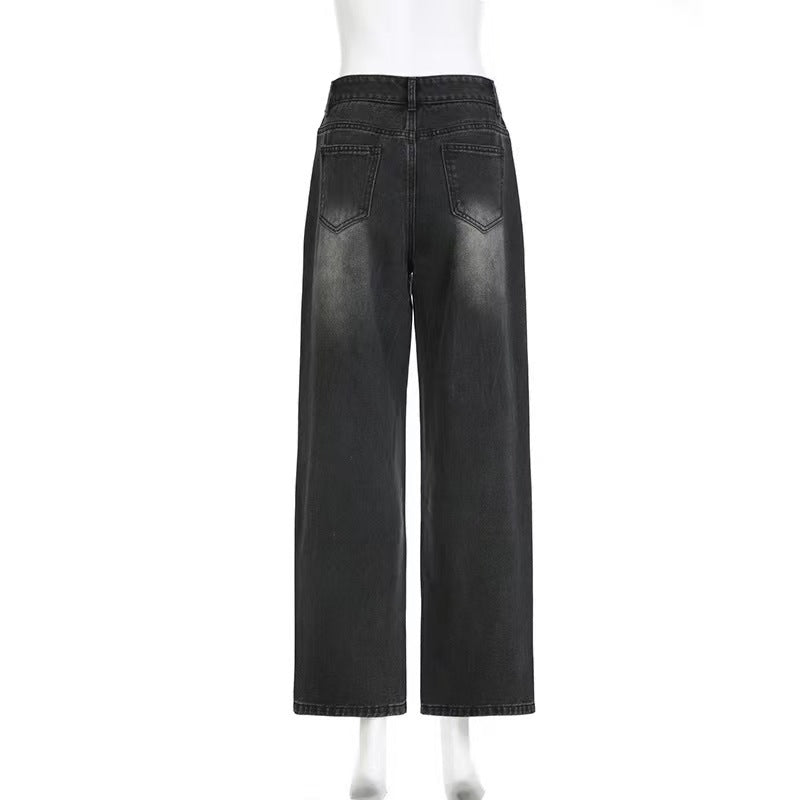 Distressed Washed Rhinestone Loose Jeans
