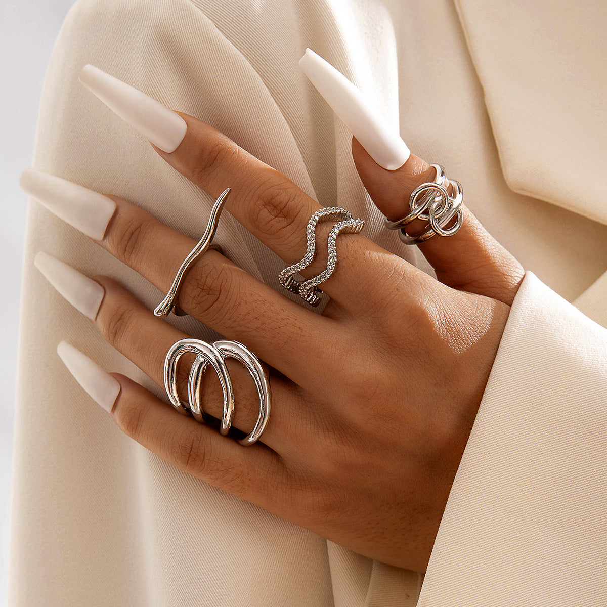 Geometric Metal Lava Line Open Ring Set - 4 Pieces
