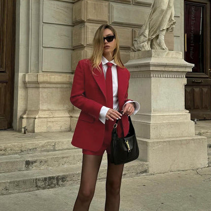 Stylish Red Blazer and Shorts Set for Commute