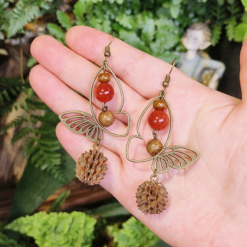 Vintage Bohemian Butterfly Earrings with Natural Stone Beads