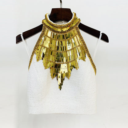 Fashionable Beaded Sequin Halter Neck Top And Mini Skirt Set