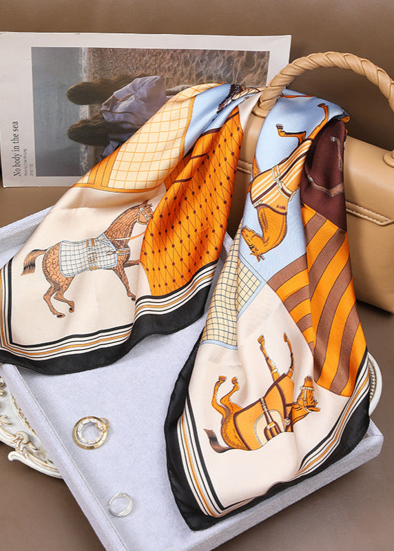 Satin Square Scarf With Vintage Horse Print