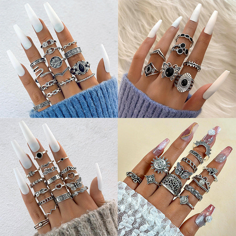 Vintage Geometric Ring Set With Black Stone