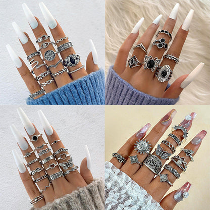 Vintage Geometric Ring Set With Black Stone