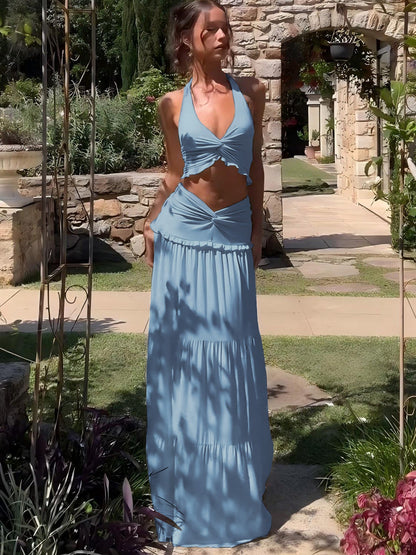 Sexy V-Neck Ruffle Hem Halter Maxi Dress Set