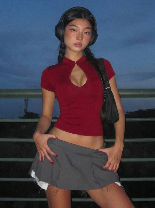 Fashionable Sexy Hollow Button Top Casual Short Sleeve Blouse