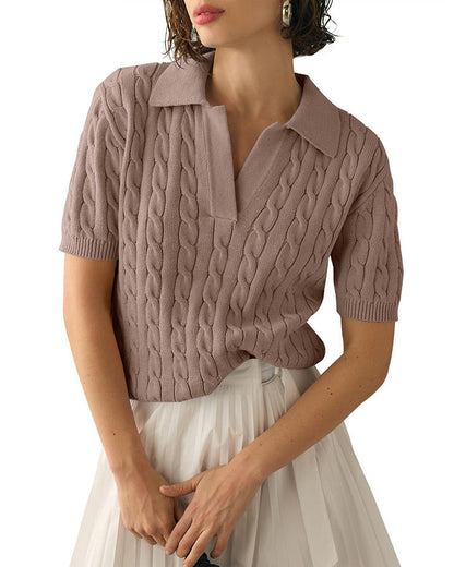Lapel V-Neck Twist Short Sleeves Knit Tops