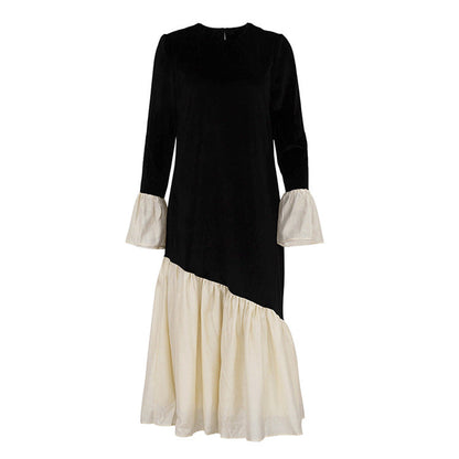 French Style Color-Blocked Long Sleeve Dress