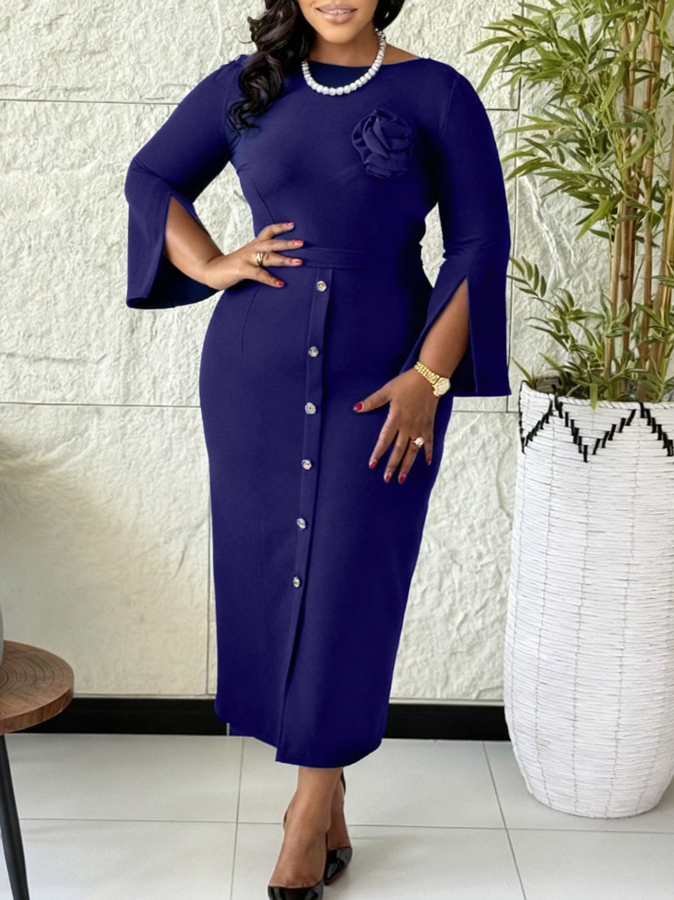 Elegant Floral Bodycon Dress For Work - Peacock Green, Cream, Purple, Navy