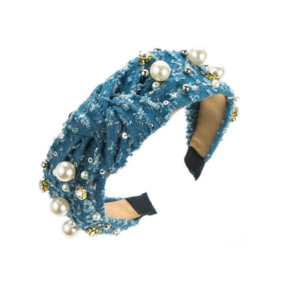 Trendy Denim Headband With Pearl Sequins For Women