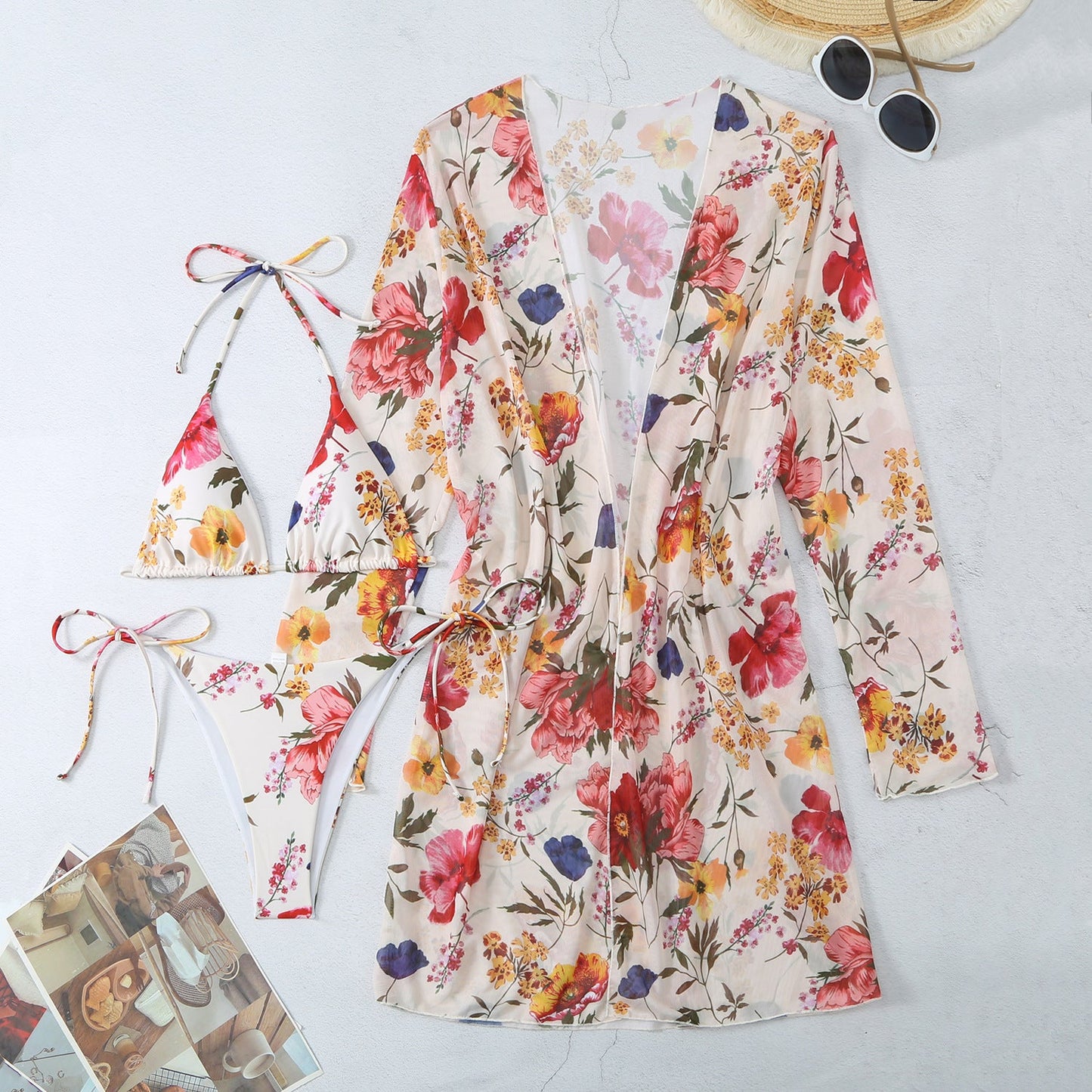 5 Colors Swimwear Printed Mesh Three-Piece Cover-Up Bikini Swimsuit