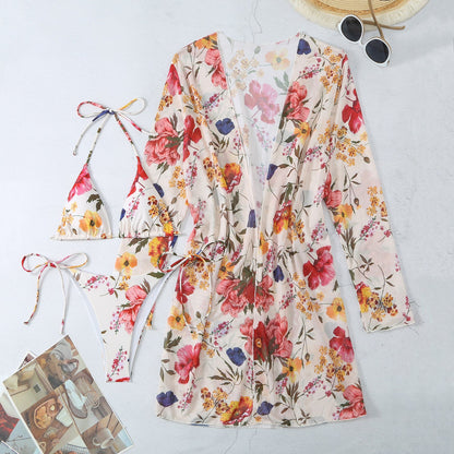 5 Colors Swimwear Printed Mesh Three-Piece Cover-Up Bikini Swimsuit