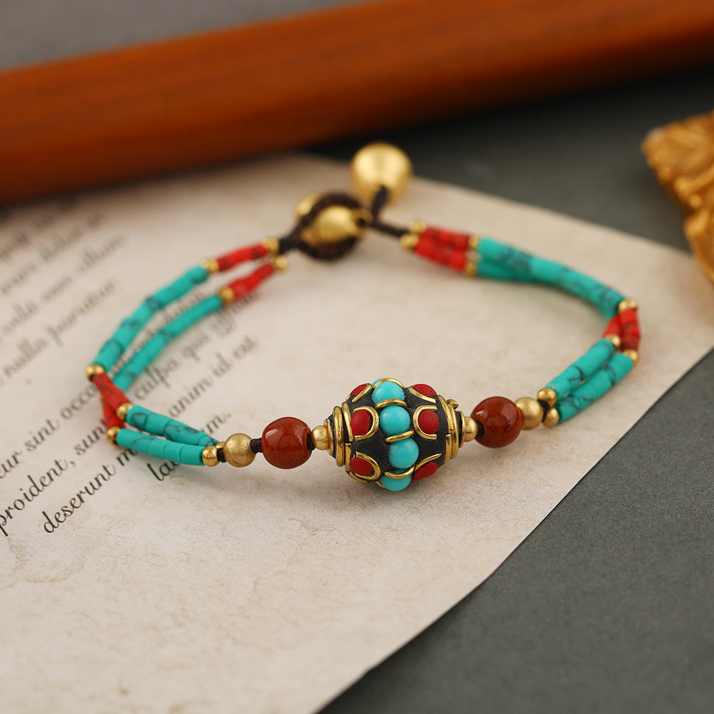Bohemian Retro Nepalese Pearl Turquoise Frosted Stone Simple Multi-Color Beaded Hand Woven Bracelet