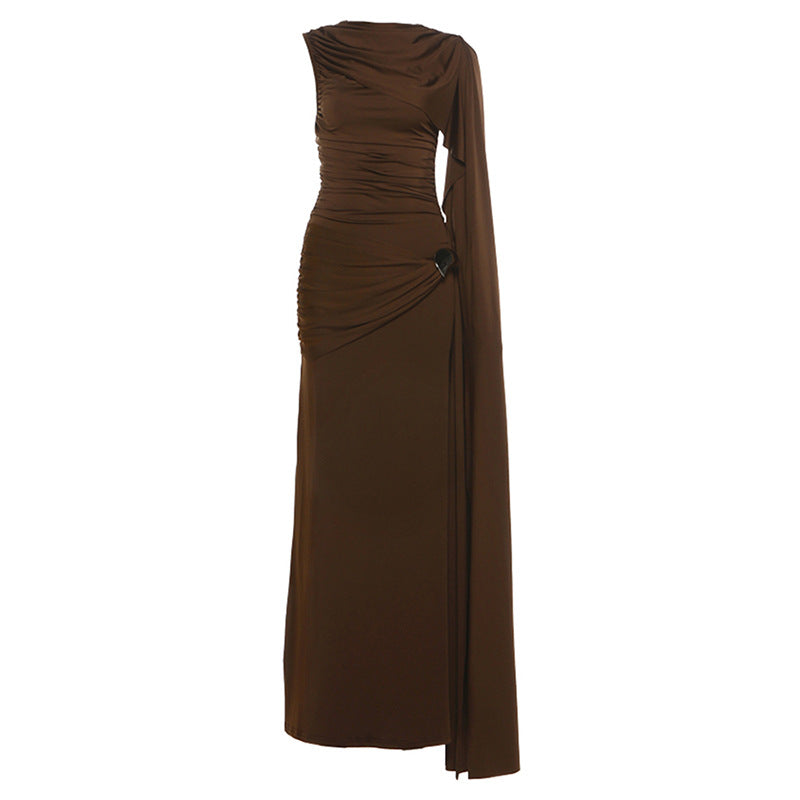 Slim Fit Solid Color Maxi Dress With Ruffled Details