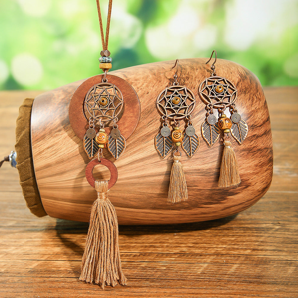 Bohemian Dreamcatcher Tassel Earrings and Wooden Necklace Set