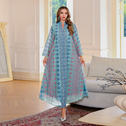 Muslim Embroidered Long Dress Traditional Abaya Green and Beige