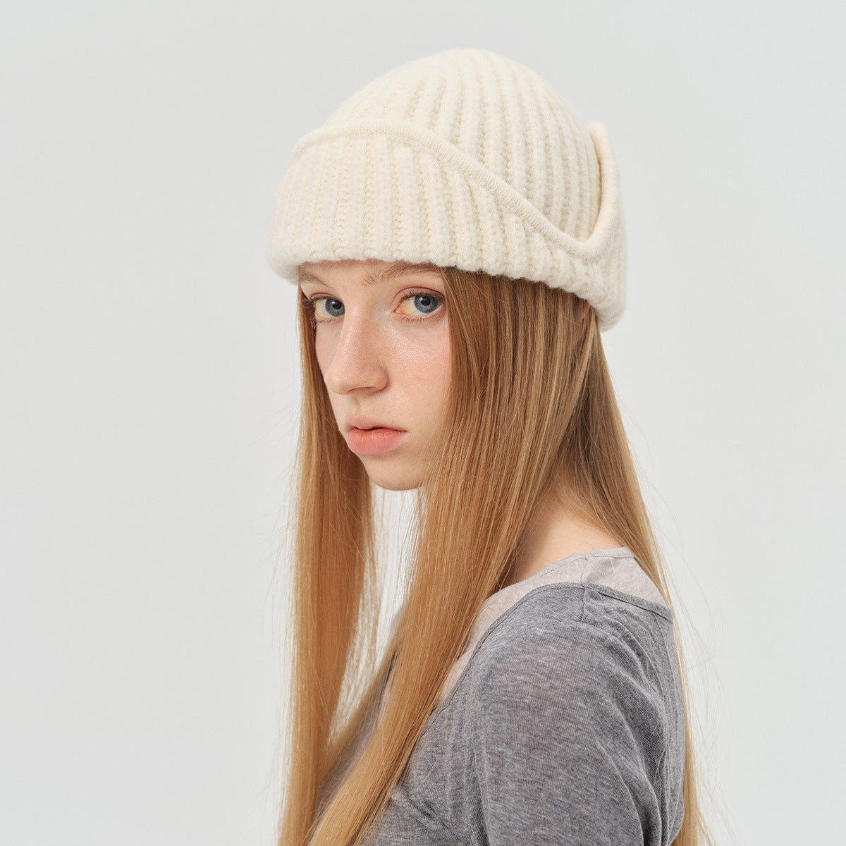 Plain Color Wool Blend Knitted Beanie Hat for Women