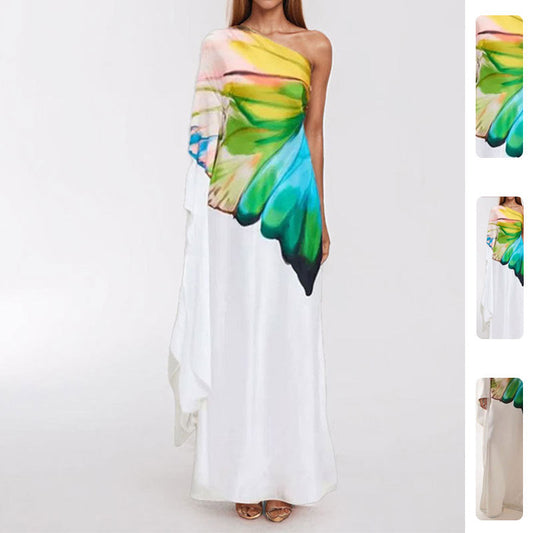 Elegant Floral Print One-Shoulder Maxi Dress