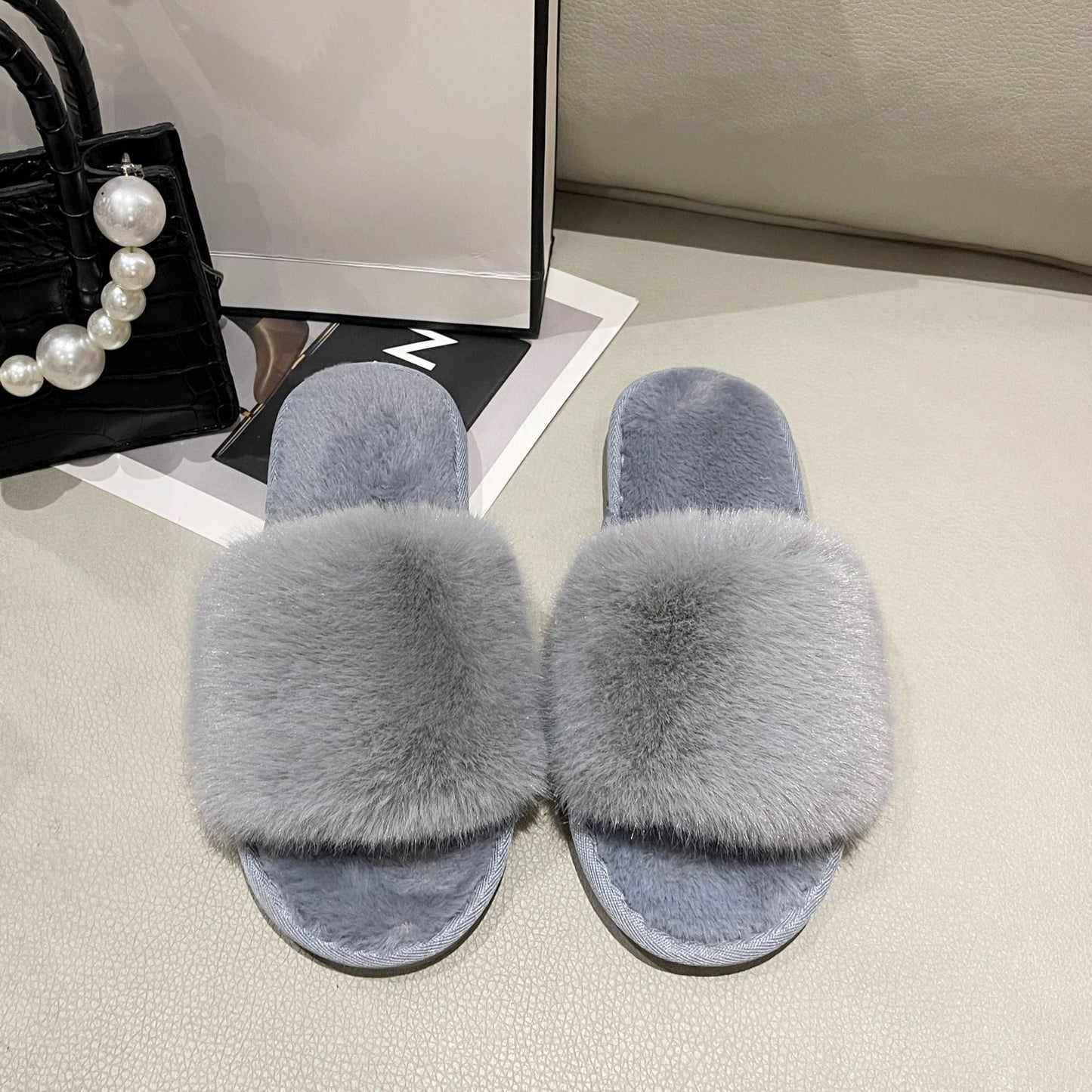 Solid Color Plush Open-Toe Slippers