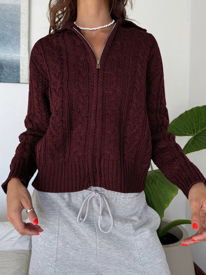 Solid Color Slouchy Zipper Cable Knit Cardigan