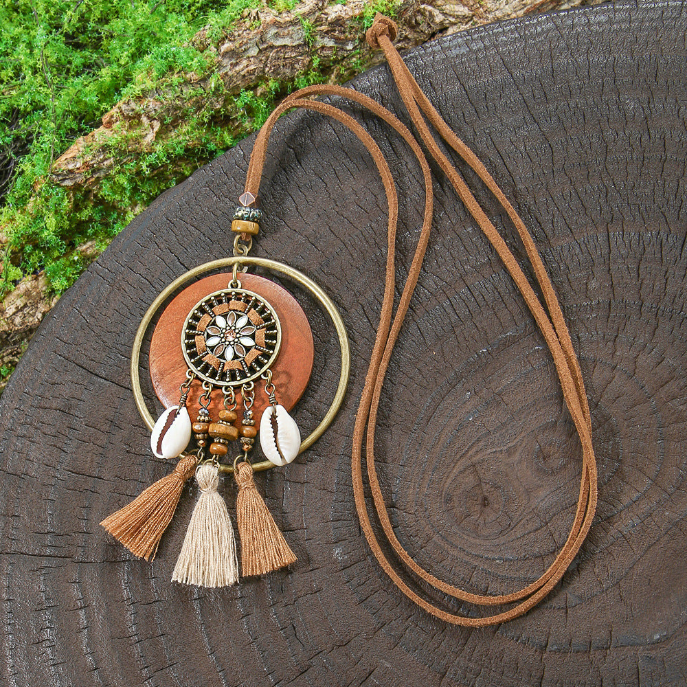 Bohemian Long Necklace with Tassels and Geometric Shapes