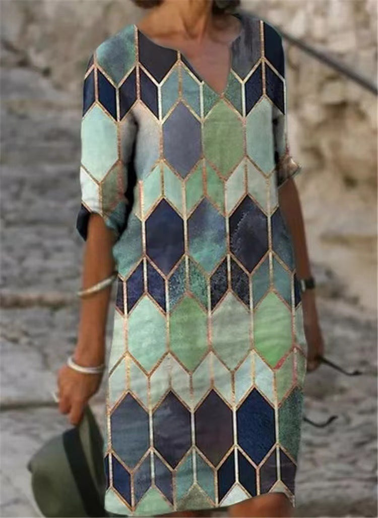 Abstract Print V-Neck A-Line Dress Comfortable Casual Fashion