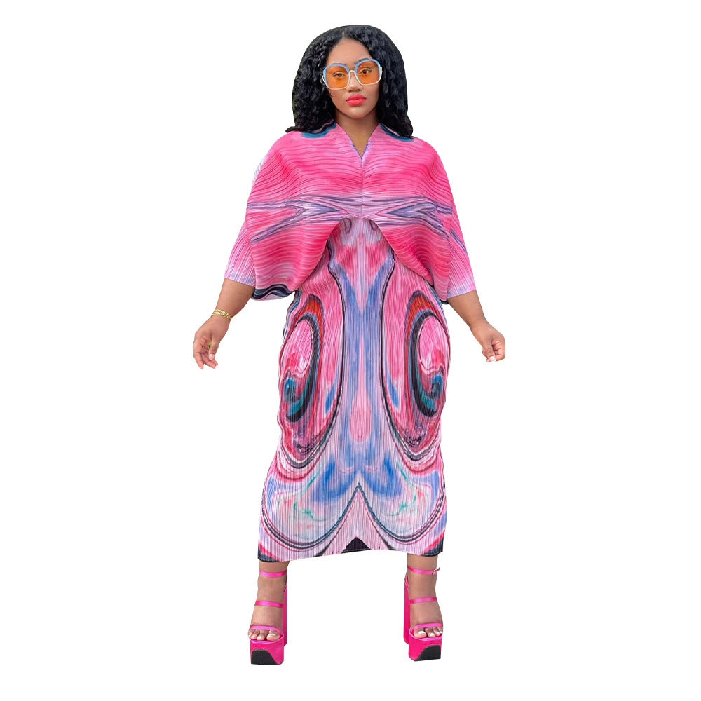 Fashion Batwing Sleeve Printed V-Neck Dress