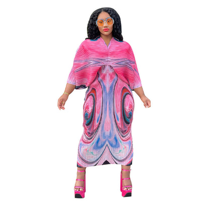 Fashion Batwing Sleeve Printed V-Neck Dress