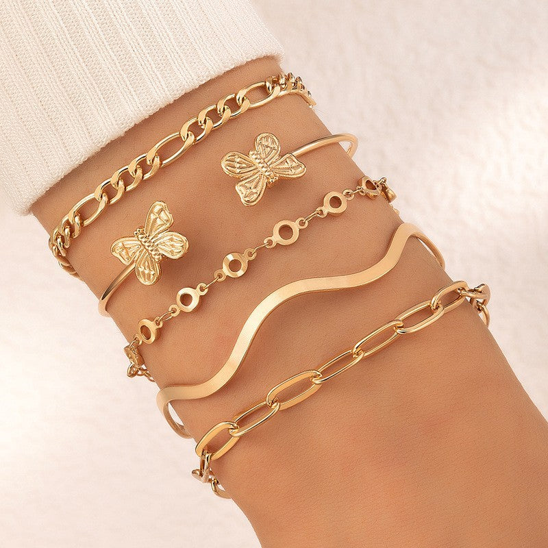 Vintage Geometric Open-Cuff Gold Bracelet Set