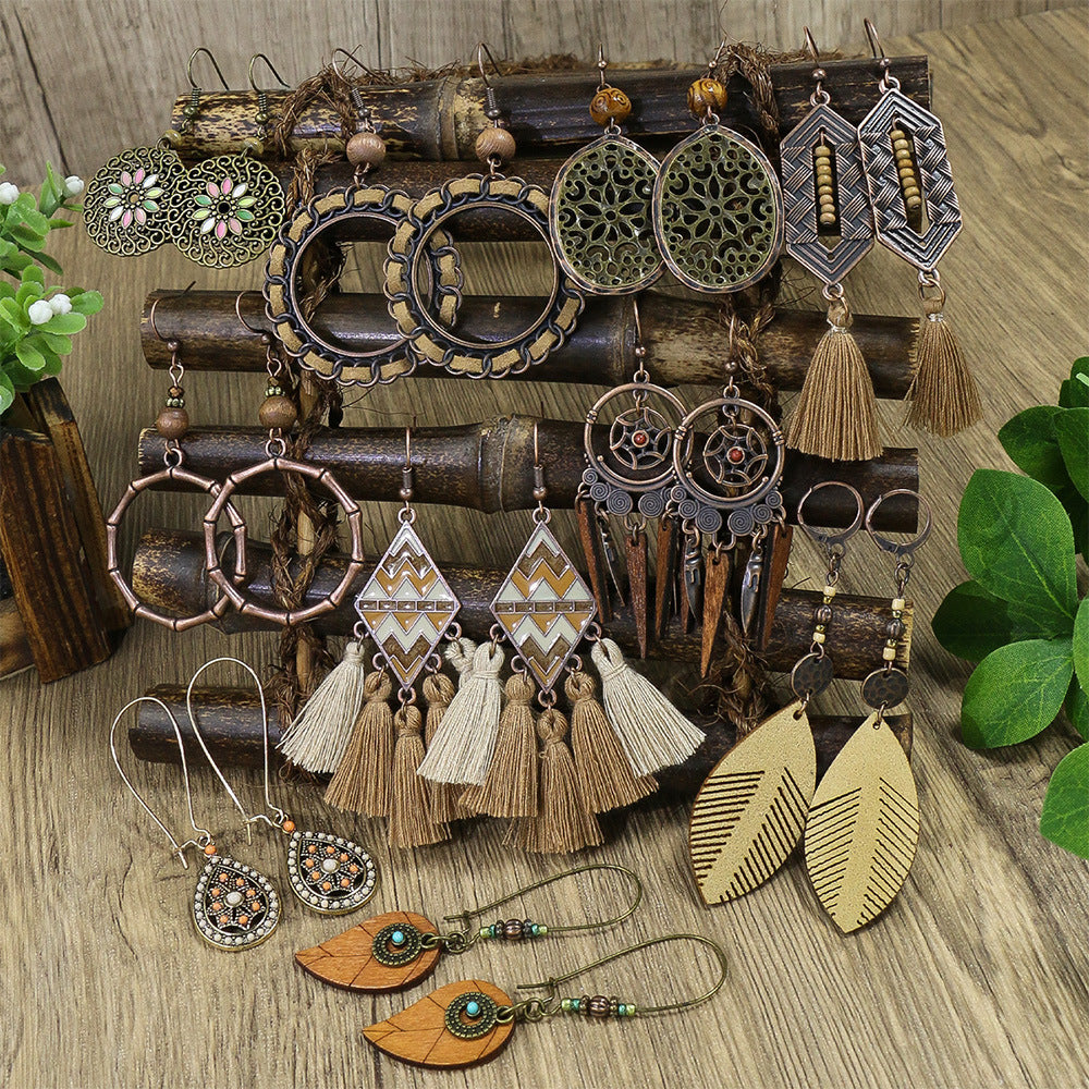 Trendy Vintage Boho Tassel Earrings Alloy Drop Dangle Jewelry Set