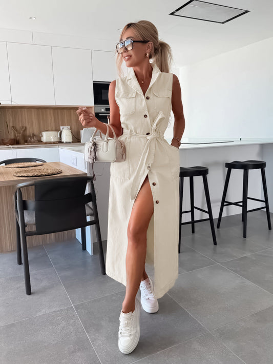 Casual Long Denim Dress With Belted Waist