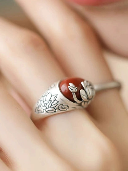Agate Lotus S925 Silver Ring Women'S 2024 New Niche Design Retro Style Index Finger Ring Mother'S Day Gift