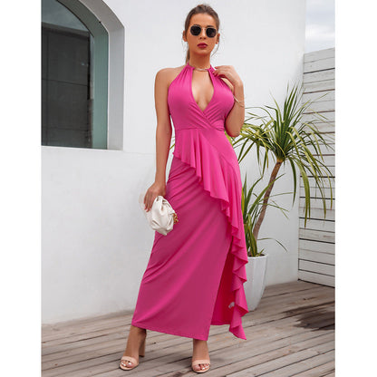 Women'S Temperament Slit Pleated Suspender Dress Evening Dress