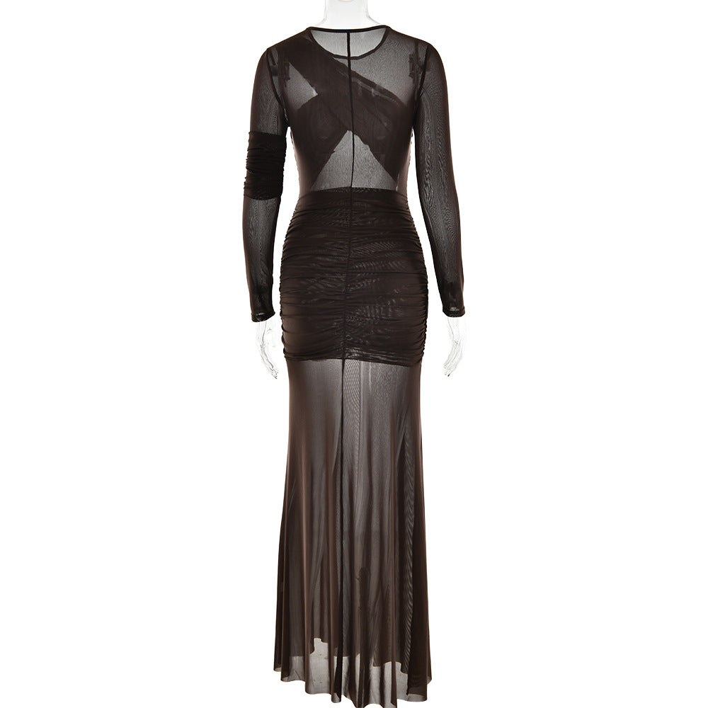 Sexy Long Sleeve Sheer Mesh Maxi Dress