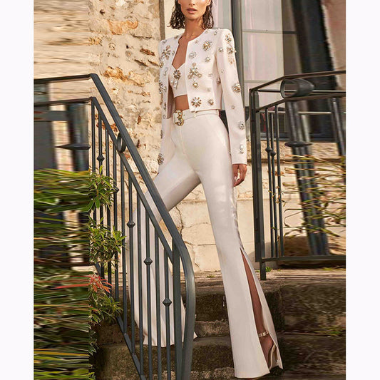 Fashionable Pearl Embellished Short Jacket & Flared Pants Set
