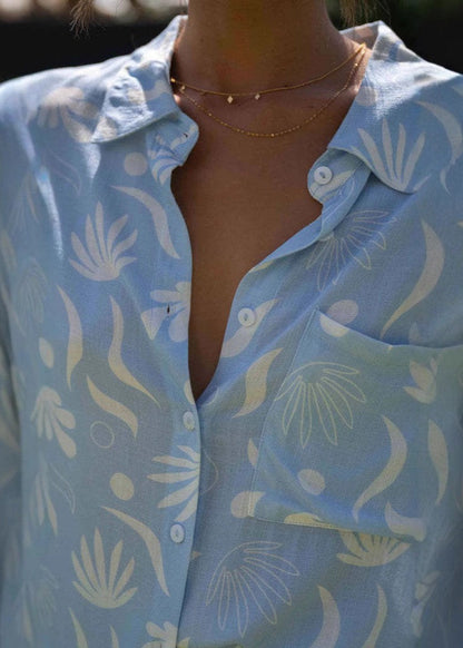 Light Blue Cotton Palm Print Co-Ord Set