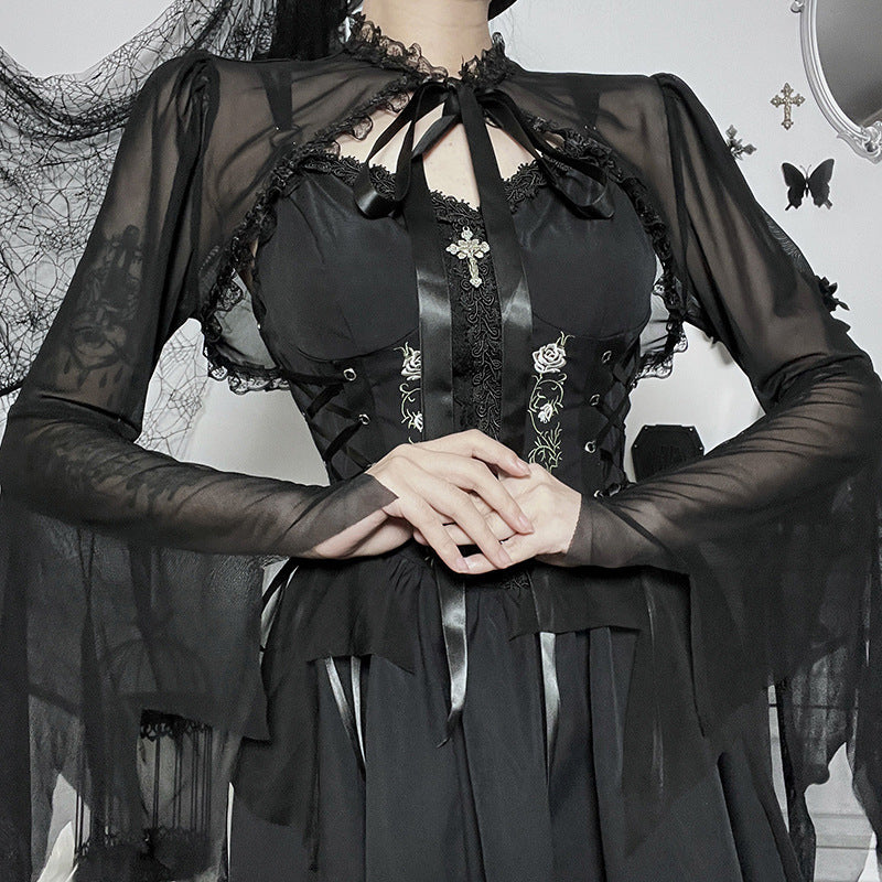 Sheer Lace Panel Long Sleeve Top with Tie Band